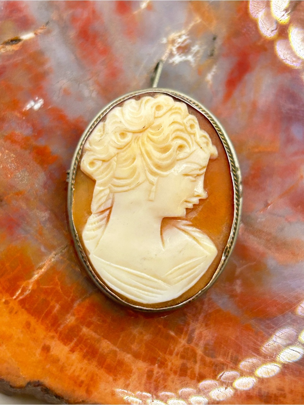Antique Sterling Silver Cameo pendant and pin, hand carved shell